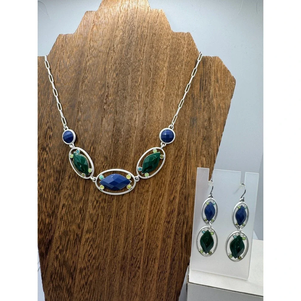 Xiomara Castro Silver Tone Navy Green Faceted Stone Necklace & Earring Set
